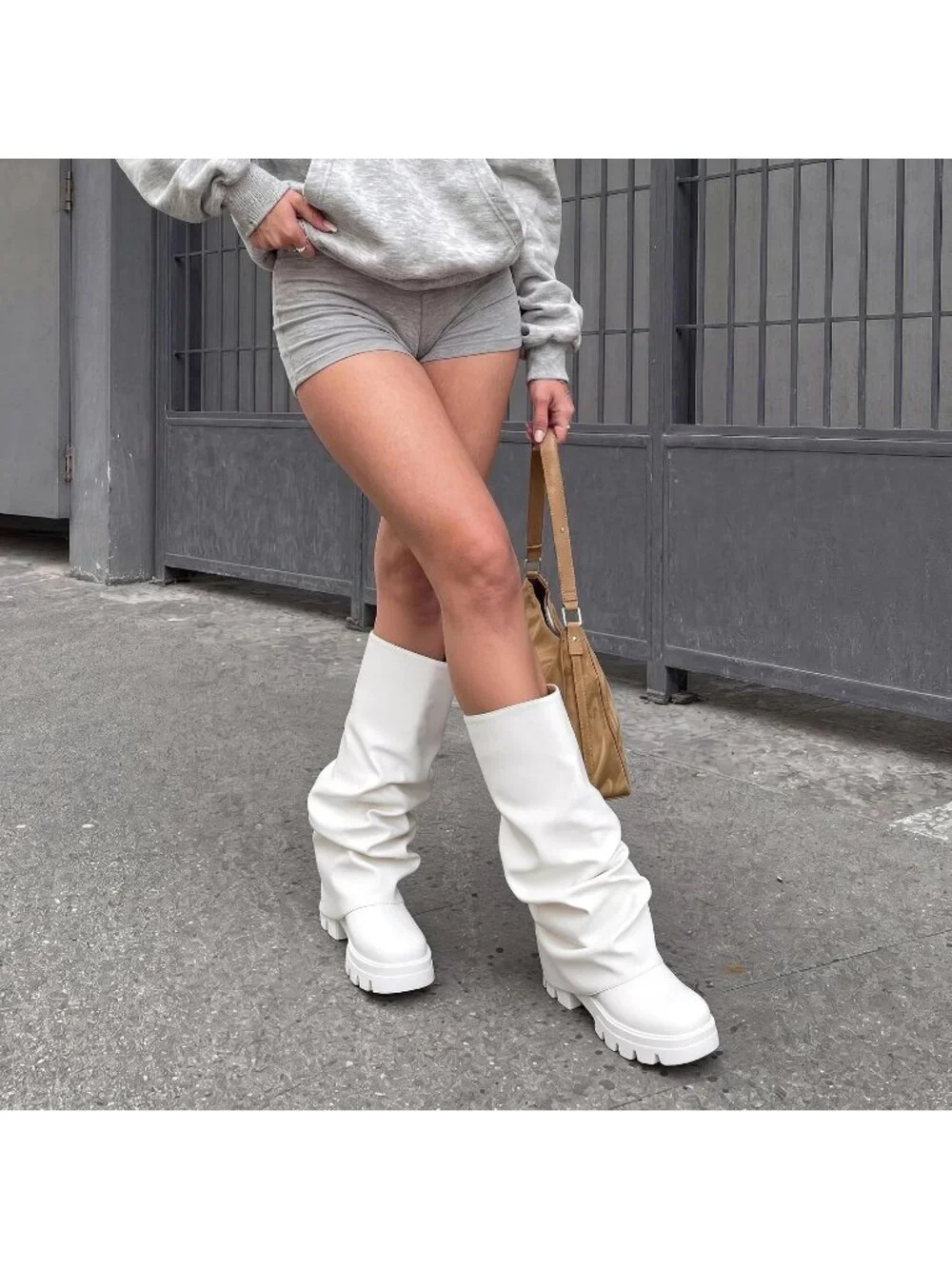 Women's White Platform Fold Over Slouch Mid Calf Fashion Y2K Knee High Boots